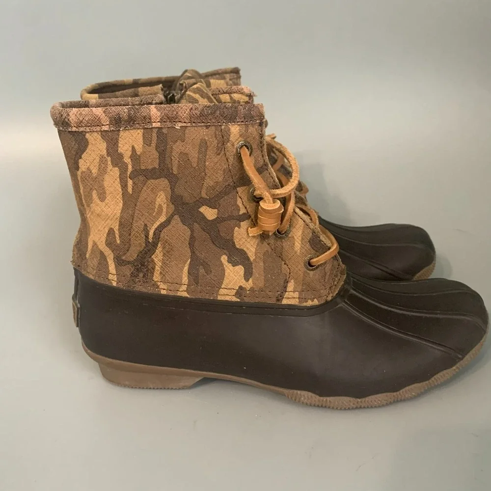 Sperry Top-Sider Saltwater Duck Boots Womens Brown Camo Waterproof Rain Boots